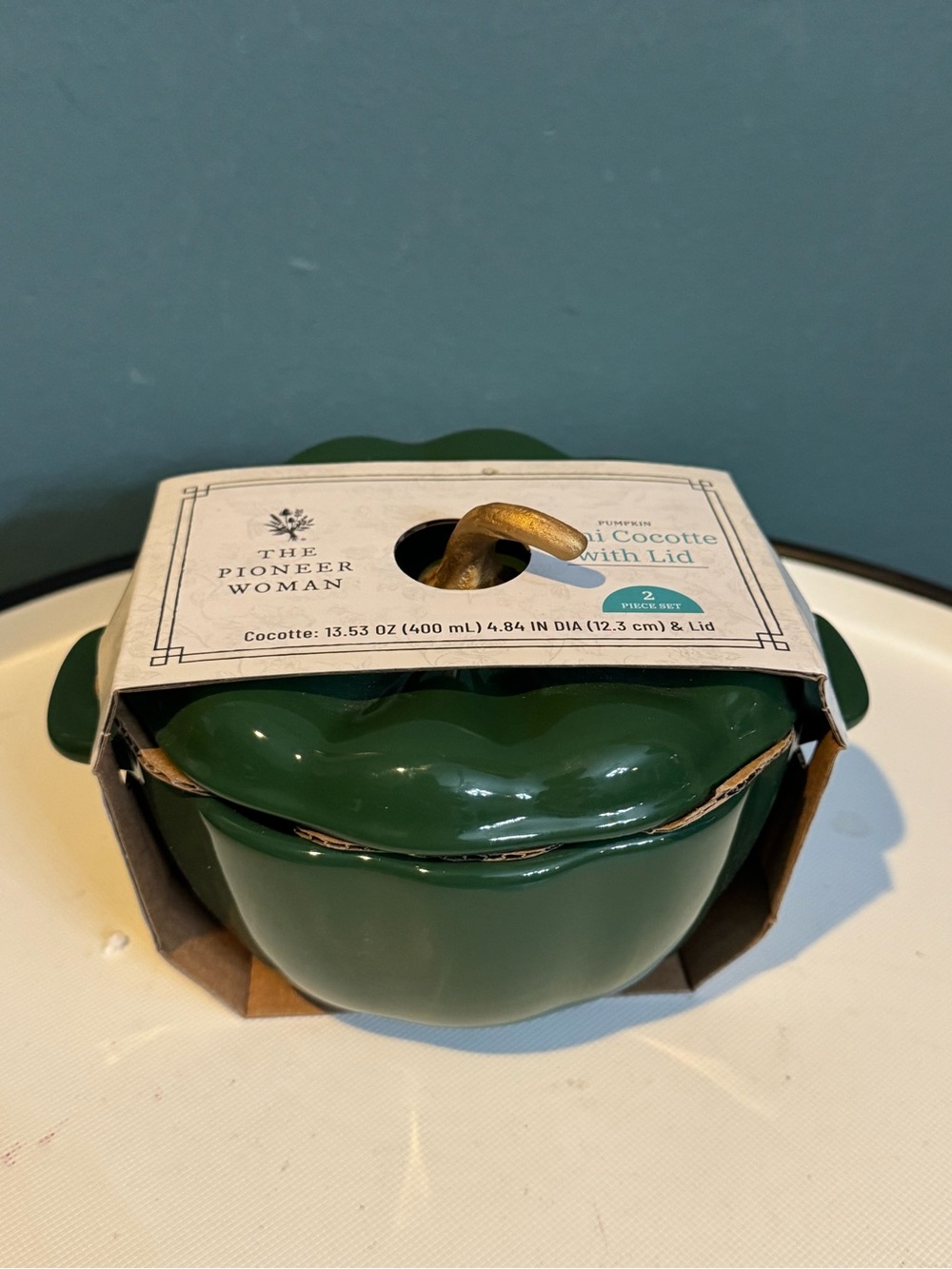 The Pioneer Woman Emerald Green Pumpkins Mini Cocotte with Gold Handle
